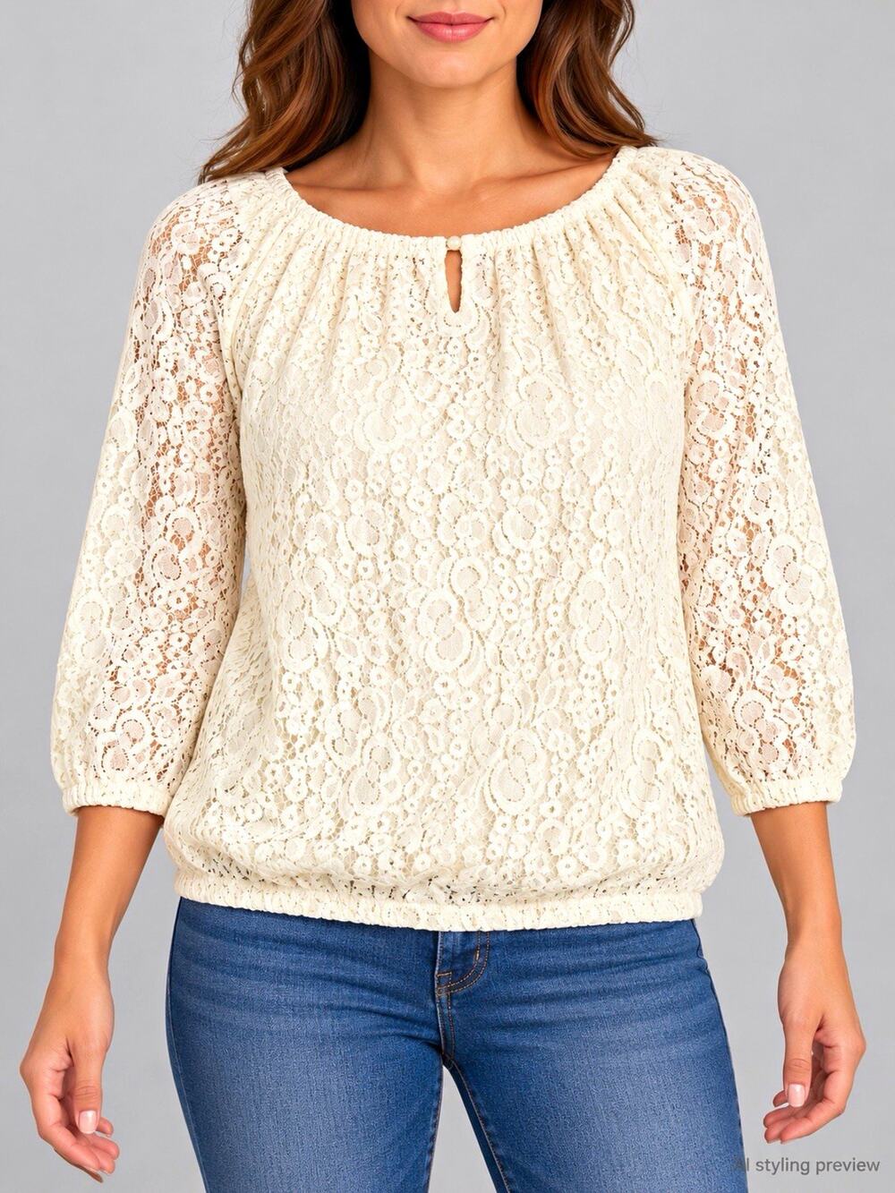 Jones New York Women's Petite Ivory Floral Lace 3/4 Sleeve Blouse Size PS